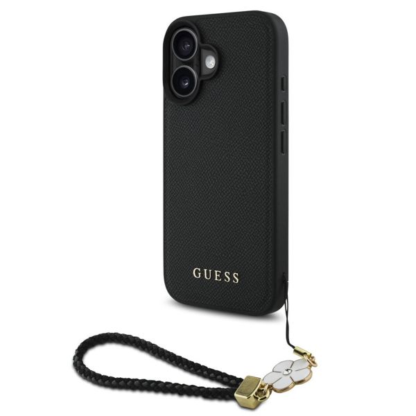 Guess Grained Backcover MagSafe met Flower Charm Strap Apple iPhone 16 - Zwart
