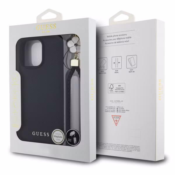 Guess Grained Backcover MagSafe met Flower Charm Strap Apple iPhone 16 Pro Max - Zwart