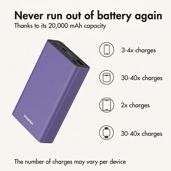 imoshion Ultra Series Aluminium Powerbank 20,000 mAh - Quick Charge and Power Delivery - Tropical Violet