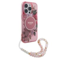 Guess MagSafe IML Flowers Case met beads strap Apple iPhone 15 Pro - Pink