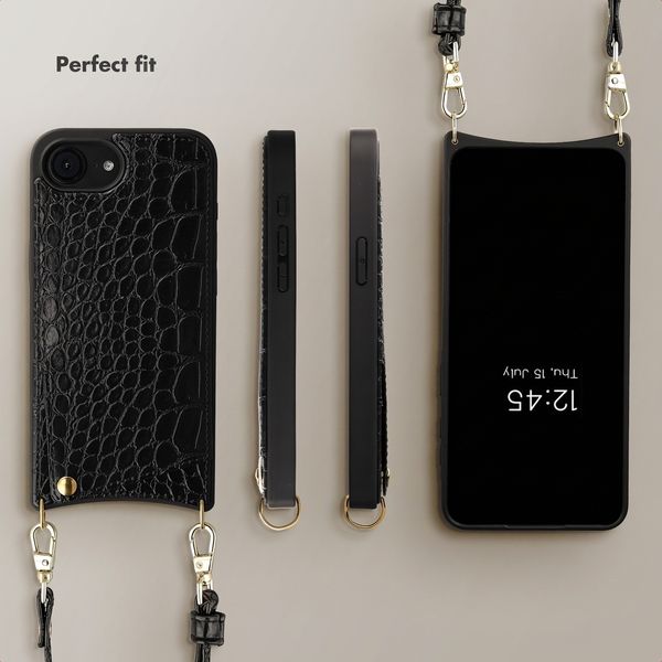 Selencia Nova Croco Phone Case with Cord and Card Holder Apple iPhone 17e / 16e - Black
