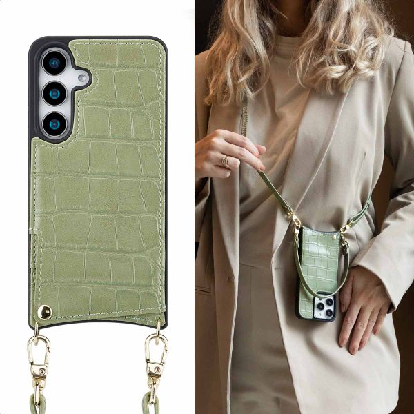 Selencia Nova Croco Backcover met koord en pashouder Samsung Galaxy S25 - Sage Green