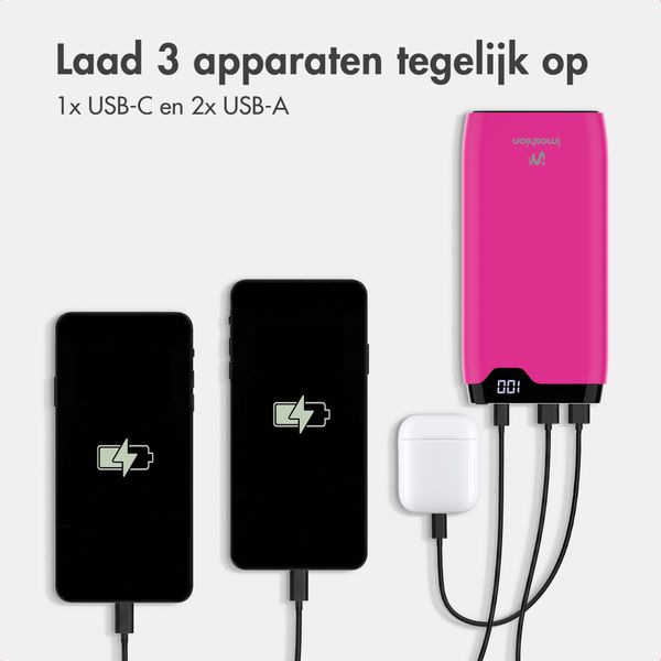 imoshion Powerbank 20.000 mAh - 22,5W Snellader - USB-C / USB-A - Hot Pink