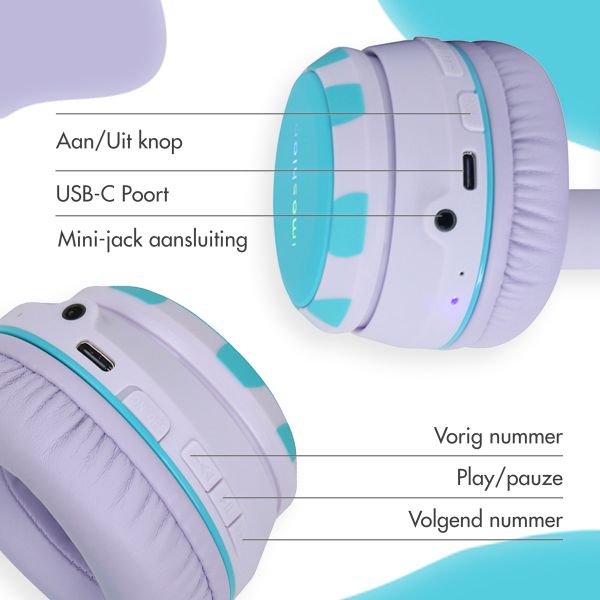 imoshion Kids Unicorn LED Light Bluetooth Headphones - Kinder koptelefoon met decibelbegrenzer - Draadloze koptelefoon + AUX kabel - Lavender Lilac / Soft Blue