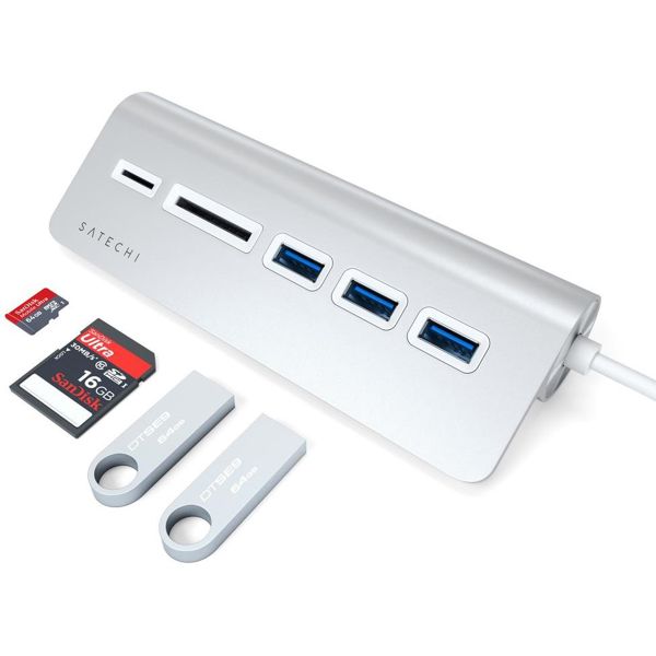 Satechi Aluminum USB Desktop Hub | USB-C naar 3x USB-A en (Micro)SD kaartlezer - Zilver