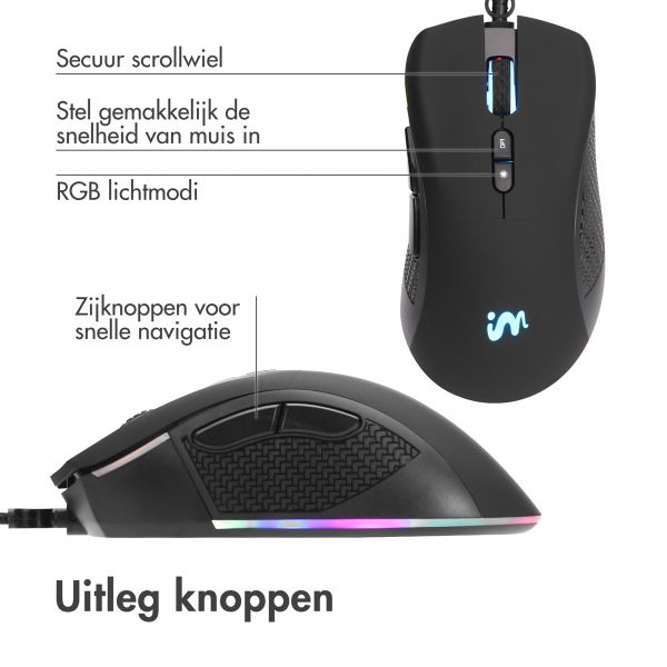 imoshion Gaming muis met RGB lichten - Bedrade gaming muis met USB-A aansluiting - Zwart