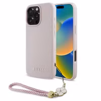 Guess Grained Backcover MagSafe met Flower Charm Strap Apple iPhone 16 Pro Max - Roze