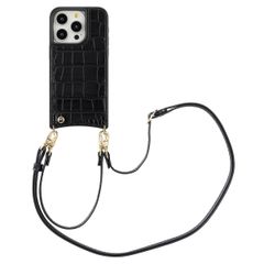 Selencia Nova Croco Telefoonhoes met Koord en Pashouder Apple iPhone 15 Pro - Zwart