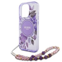 Guess MagSafe IML Flowers Case met beads strap iPhone 16 Pro Max - Purple