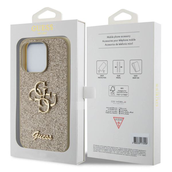 Guess 4G Metal Logo Glitter Backcover Apple iPhone 15 Pro - Goud