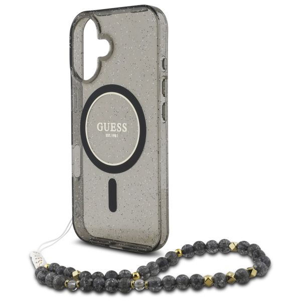 Guess MagSafe IML Glitter Case met beads strap Apple iPhone 16 - Zwart