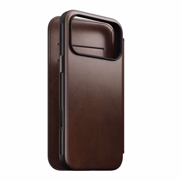 Nomad Modern Horween Leather Folio Bookcase met MagSafe Apple iPhone 17 Pro Max - Rustic Brown