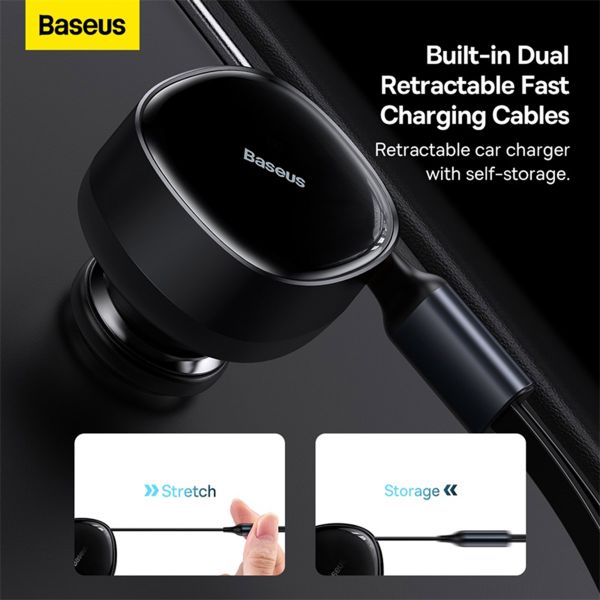 Baseus Enjoyment 2-in-1 | Fast Charge Autolader met uittrekbare USB-C- en Lightningkabel