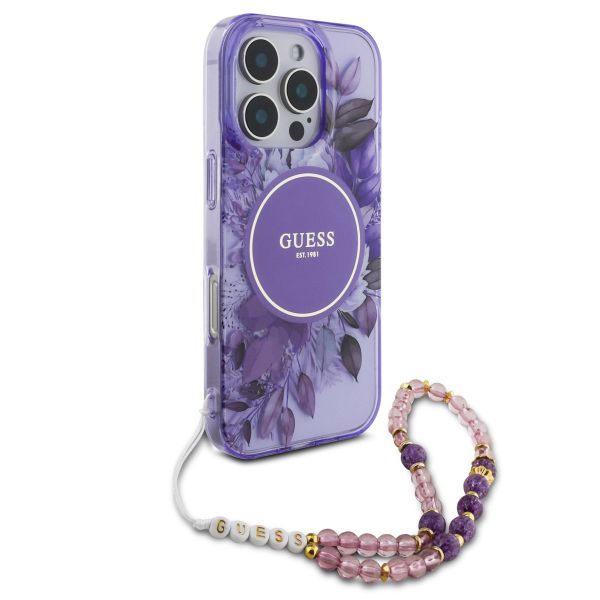 Guess MagSafe IML Flowers Case met beads strap Apple iPhone 16 Pro Max - Purple