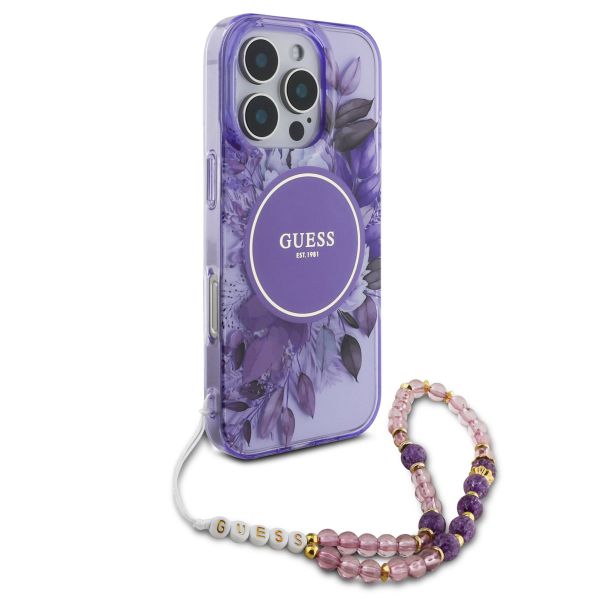 Guess MagSafe IML Flowers Case met beads strap iPhone 16 Pro Max - Purple