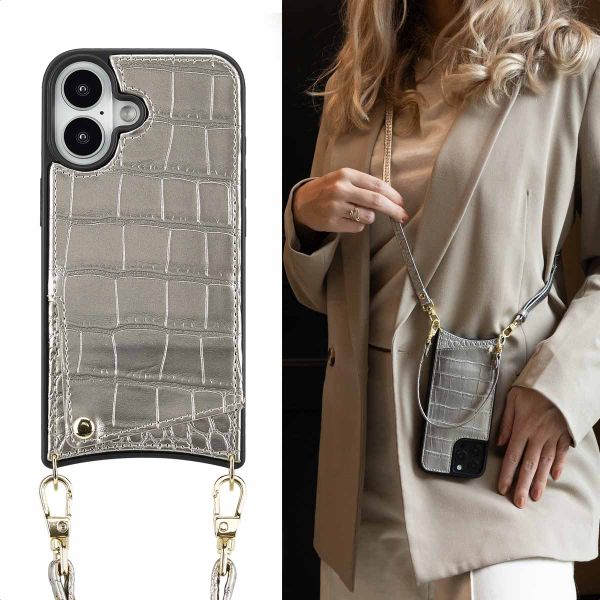Selencia Nova Croco Telefoonhoes met Koord en Pashouder Apple iPhone 16 - Zilver