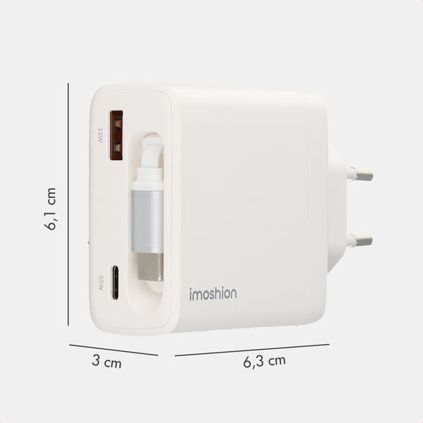 imoshion GaN Oplader met uittrekbare USB-C kabel 65W - USB-A + USB-C - Wit