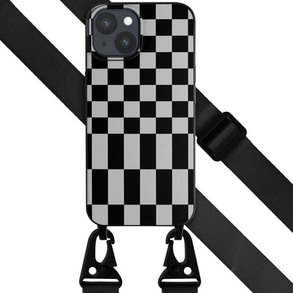 Selencia Siliconen design hoesje met afneembaar koord iPhone 15 - Irregular Check Black