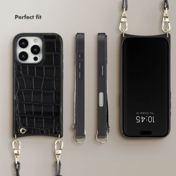Selencia Nova Croco Phone Case with Cord and Card Holder Apple iPhone 16 Pro - Black