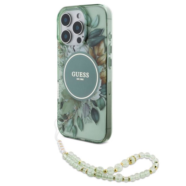 Guess MagSafe IML Flowers Case met beads strap iPhone 15 Pro Max - Green