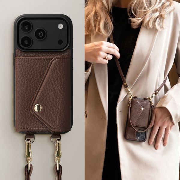 Selencia Sera Telefoonhoes met Koord en Envelop Pashouder Apple iPhone 18 Pro / 17 Pro - Chocolate Brown