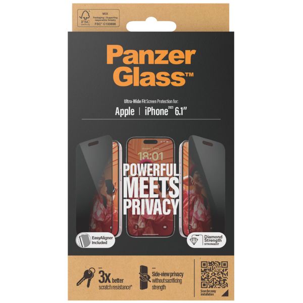 PanzerGlass Privacy Ultra-Wide Fit Anti-Bacterial Screenprotector incl. applicator iPhone 15