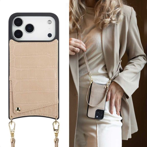Selencia Nova Croco Telefoonhoes met Koord en Pashouder Apple iPhone 18 Pro / 17 Pro - Beige