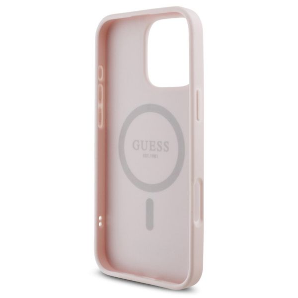 Guess Grained Backcover MagSafe met Flower Charm Strap Apple iPhone 16 Pro - Roze