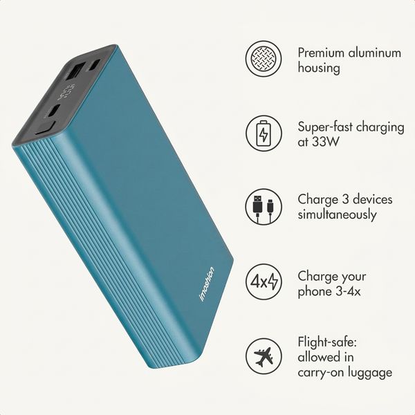 imoshion Ultra Series Aluminium Powerbank 20,000 mAh - Quick Charge and Power Delivery - Petrol Green