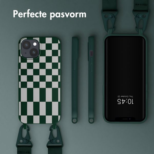 Selencia Siliconen design hoesje met afneembaar koord iPhone 15 - Irregular Check Green