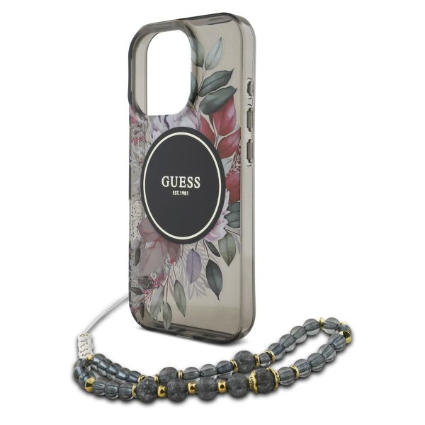 Guess MagSafe IML Flowers Case met beads strap Apple iPhone 16 Pro Max - Zwart