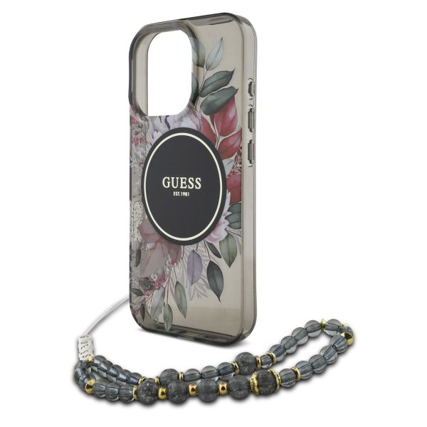 Guess MagSafe IML Flowers Case met beads strap iPhone 16 Pro Max - Black