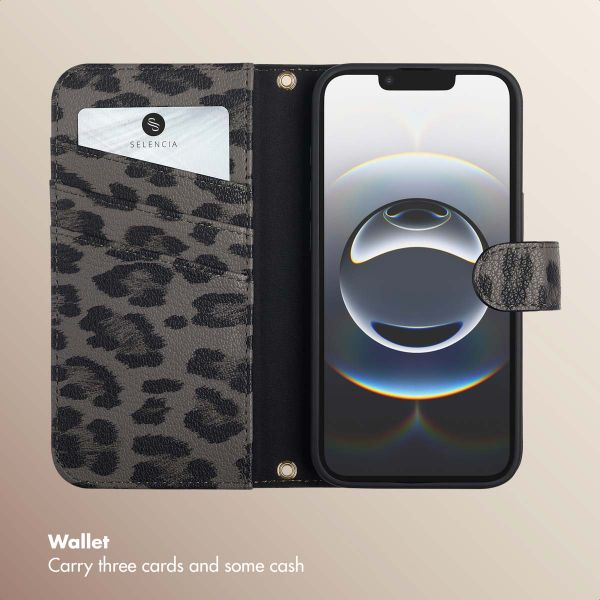 Selencia Sabi Bookcase with Leopard Print Apple iPhone 17e / 16e - Midnight Black