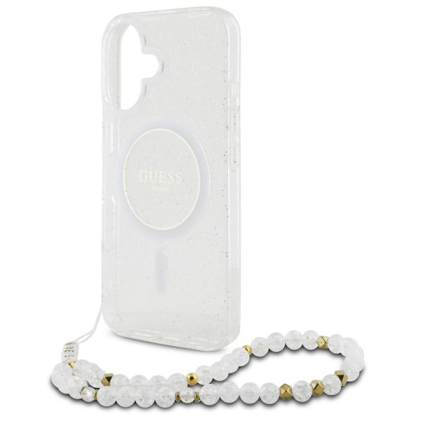 Guess MagSafe IML Glitter Case met beads strap iPhone 16 - Transparent