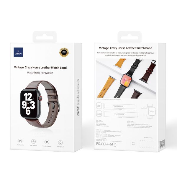 WiWu Vintage lederen band Apple Watch Series 1 t/m 10 / SE / Ultra (2) (44/45/46/49 mm) - Donkerbruin