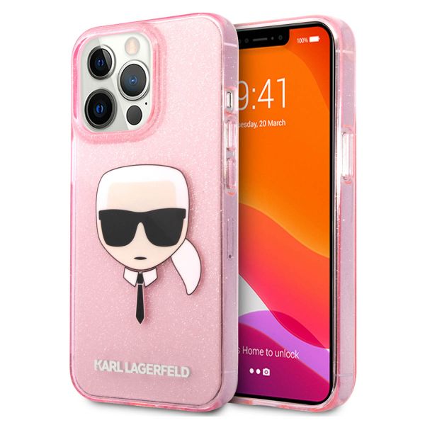 Karl Lagerfeld Karl's Head Silicone Backcover Glitter iPhone 13 Pro - Transparant Roze