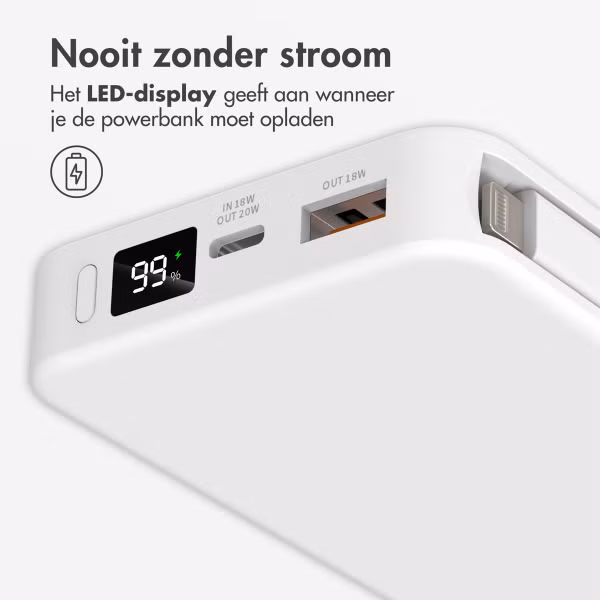 Accezz Powerbank 10.000 mAh met geïntegreerde kabels - Quick Charge en Power Delivery - Wit