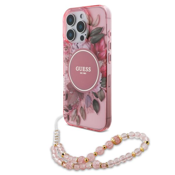 Guess MagSafe IML Flowers Case met beads strap Apple iPhone 15 Pro - Pink