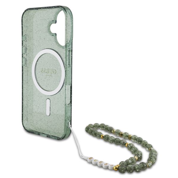 Guess MagSafe IML Glitter Case met beads strap iPhone 16 - Green