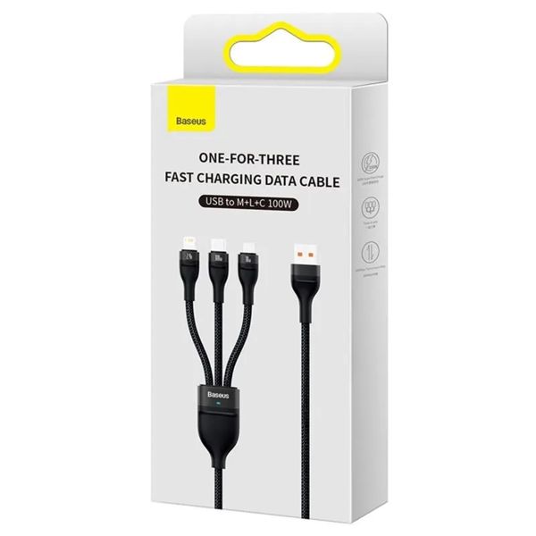 Baseus Flash Series 2 - 3-in-1 snellaadkabel - USB-A naar USB-C / Lightning / Micro-USB - 100 Watt - 1,2 meter - Zwart