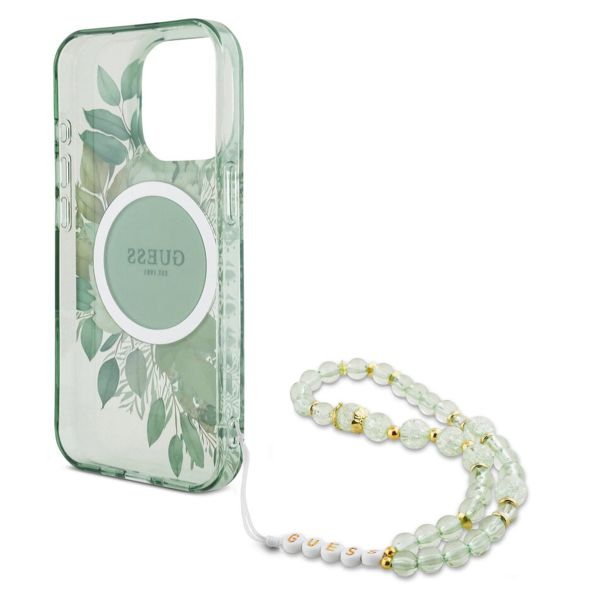 Guess MagSafe IML Flowers Case met beads strap iPhone 15 Pro Max - Green