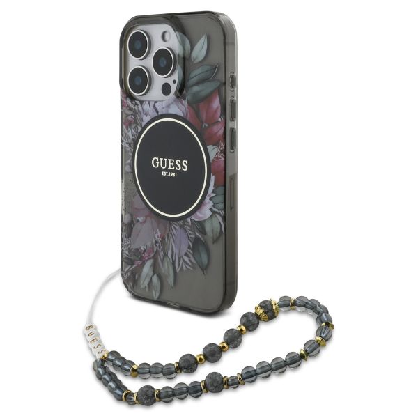 Guess MagSafe IML Flowers Case met beads strap Apple iPhone 16 Pro Max - Zwart