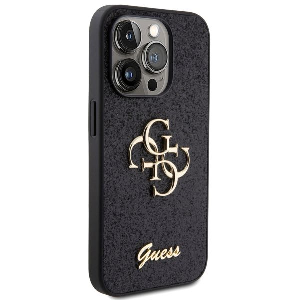 Guess 4G Metal Logo Glitter Backcover iPhone 15 Pro - Zwart