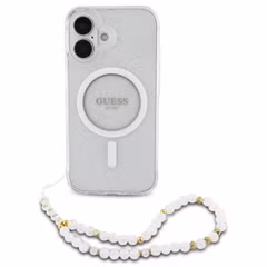 Guess MagSafe IML Glitter Case met beads strap Apple iPhone 16 - Transparent
