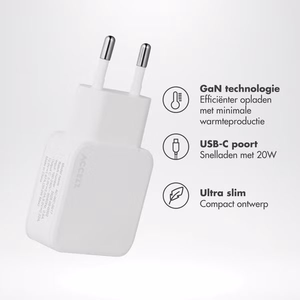 Accezz Ultra Slim GaN Oplader - USB-C - 20W - Wit