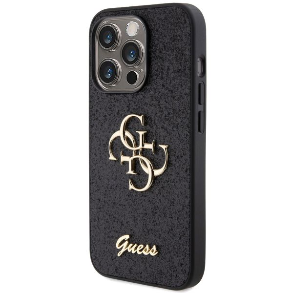 Guess 4G Metal Logo Glitter Backcover Apple iPhone 15 Pro - Zwart