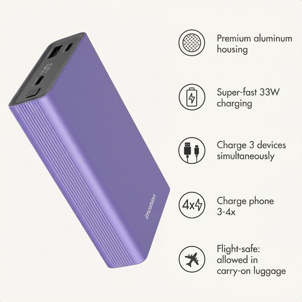 imoshion Ultra Series Aluminium Powerbank 20,000 mAh - Quick Charge and Power Delivery - Tropical Violet