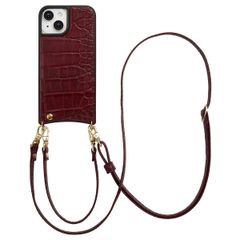 Selencia Nova Croco Telefoonhoes met Koord en Pashouder Apple iPhone 15 - Burgundy