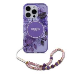 Guess MagSafe IML Flowers Case met beads strap iPhone 15 Pro Max - Purple