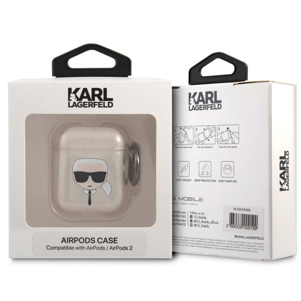 Karl Lagerfeld Karl's Head Silicone Glitter Case Apple AirPods 1 / 2 - Goud